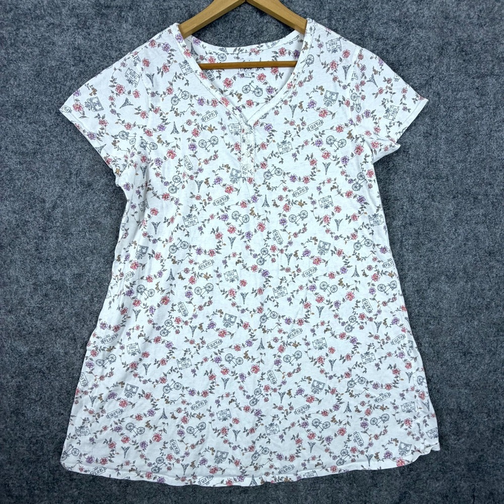 Aria Nightgown Womens XL White Eiffel Tower Bicycle Floral Cotton Cap Sleeve